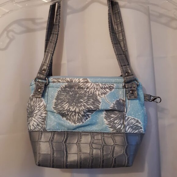 New Vinyl Double handle Shoulder Satchel Bag Purse Blue Gray Dandelion Floral - Picture 9 of 14